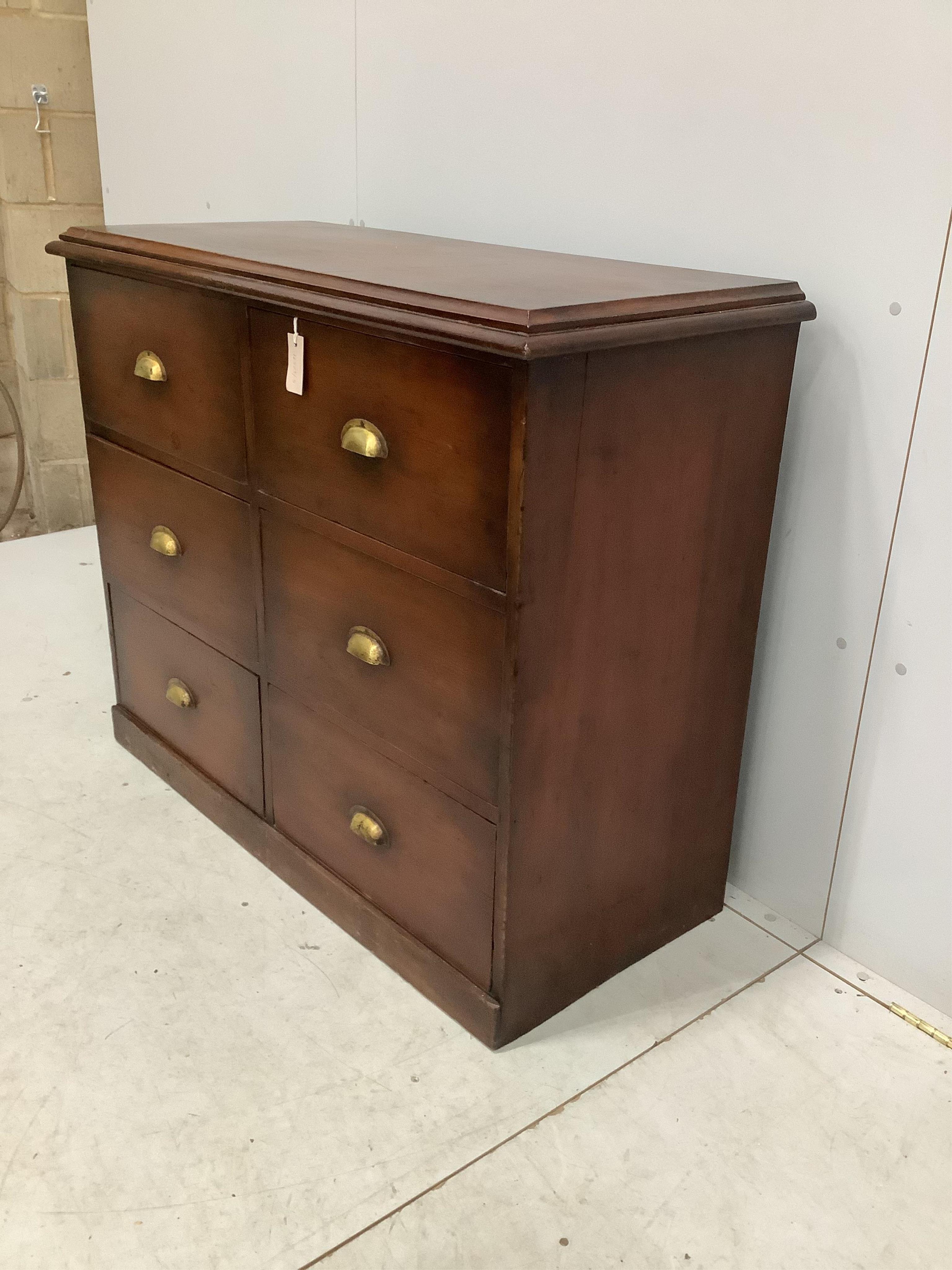 A Victorian and later mahogany six drawer chest with brass cup handles, width 111cm, depth 48cm, height 92cm. Condition - good but top with deep scratches